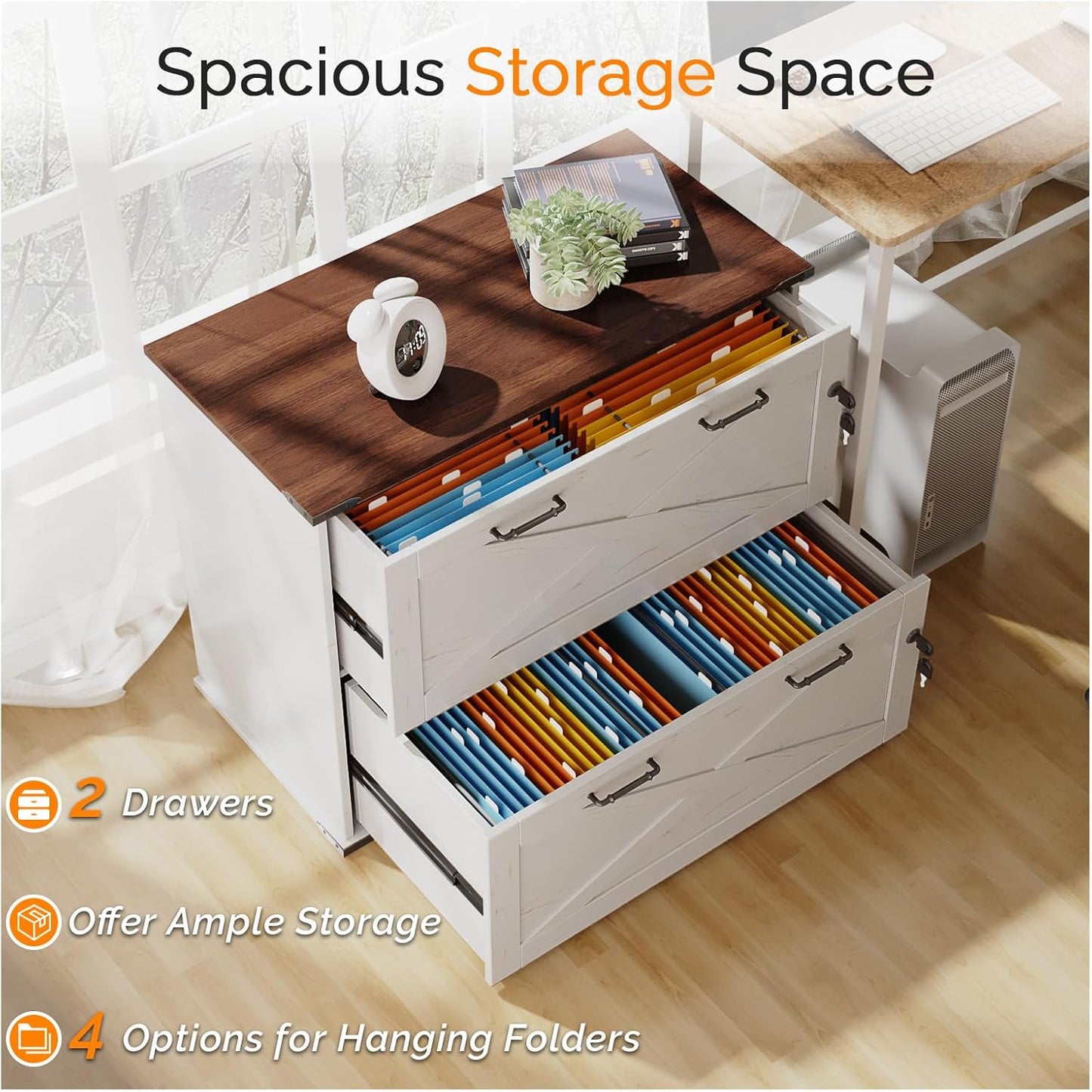 VINGLI 2 Drawer File Cabinet with Lock, Home Office Filing Organizer, for Letter Legal A4 Size File Folder Storage, Modern Farmhouse, Wood Lateral Filing Cabinet, Archivador (Rustic White & Brown)