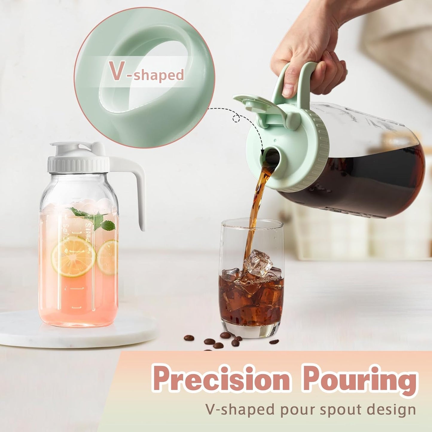 2 Pack Mason Jar with Pour Spout Lid V-shaped, 2 Quart Iced Tea Pitcher Double Leak Proof, 64 oz Drink Pitcher for Breastmilk, Sun Tea, Juice, Coffee Creamer, Formula Pitche