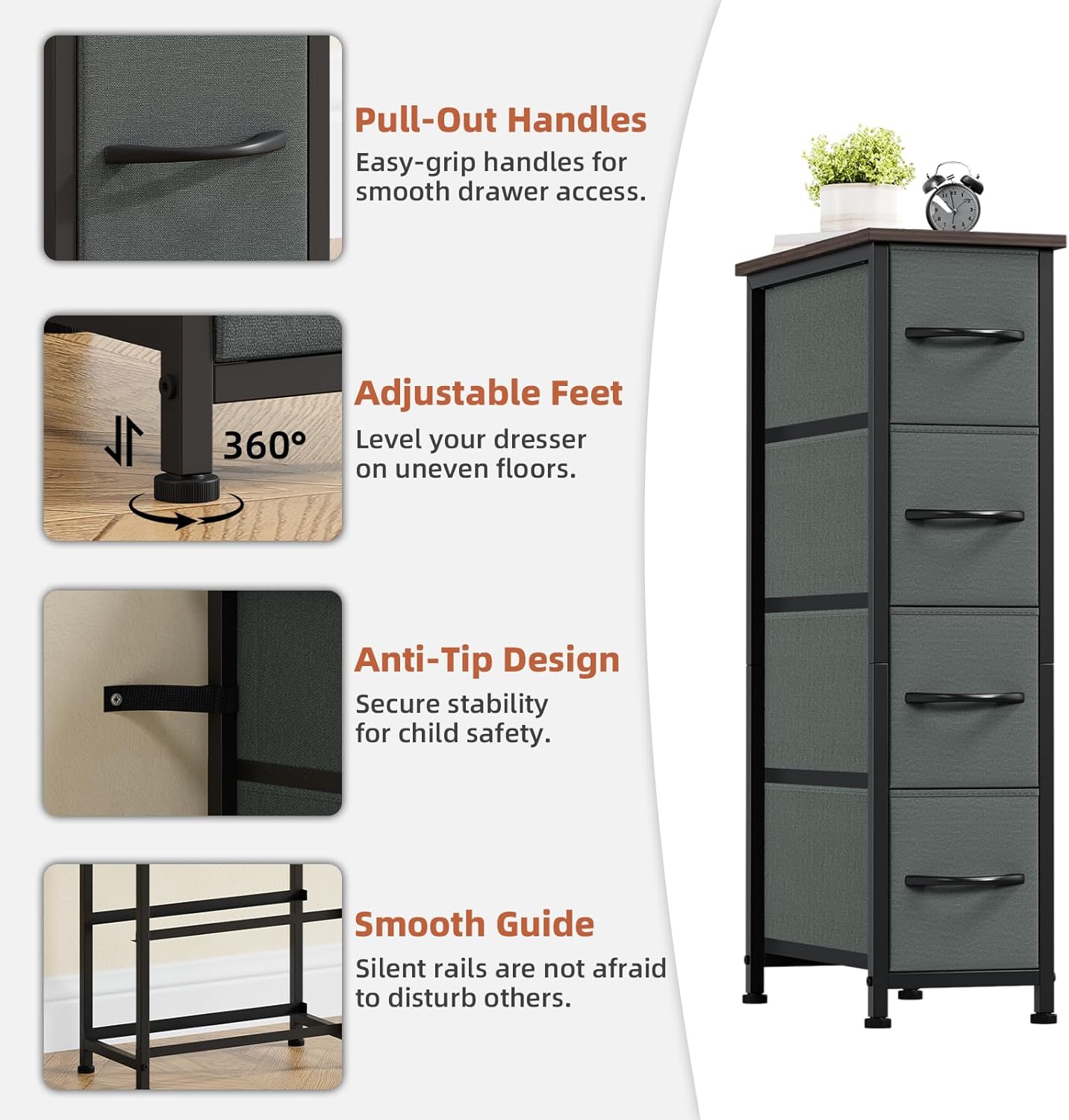 Somdot Narrow Dresser with 4 Drawers, Slim Storage Organizer Chest of Drawers with Removable Fabric Drawers for Small Spaces Bathroom Closet Bedroom Laundry, Charcoal Grey