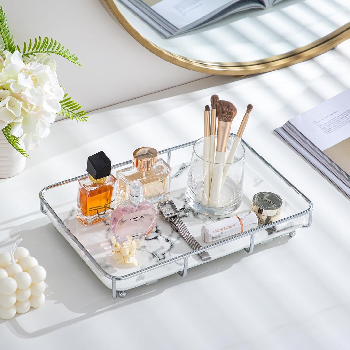 Vanity Tray Makeup Organizer Cosmetics Storage Bathroom Skincare Organizer Countertop Display Rack in Dresser Stainless Steel Shelf Marble Print Ceramic Trays