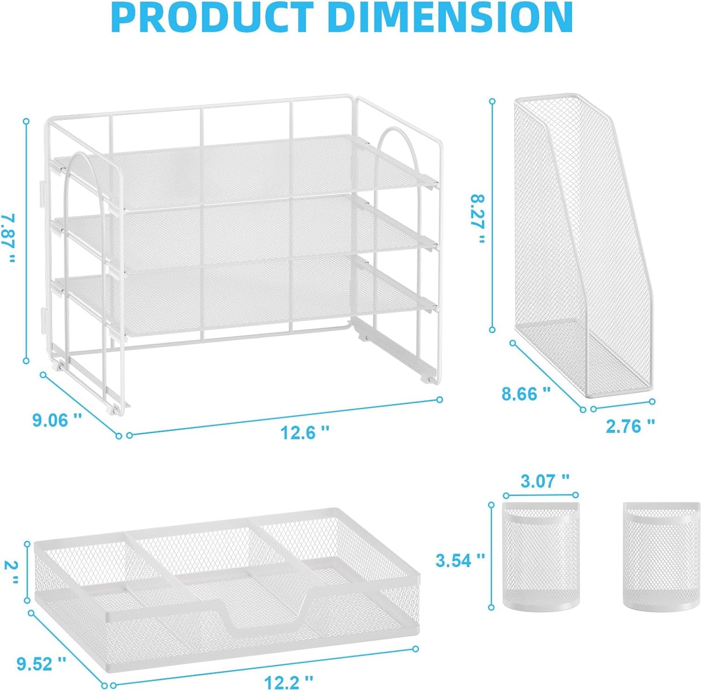 Marbrasse Desk Organizer and Accessories，4-Tier Paper Letter Tray Organizer with File Holder, Desk Accessories with Drawer and 2 Pen Holder (White, 15.4" x 9.1" x 8.3")