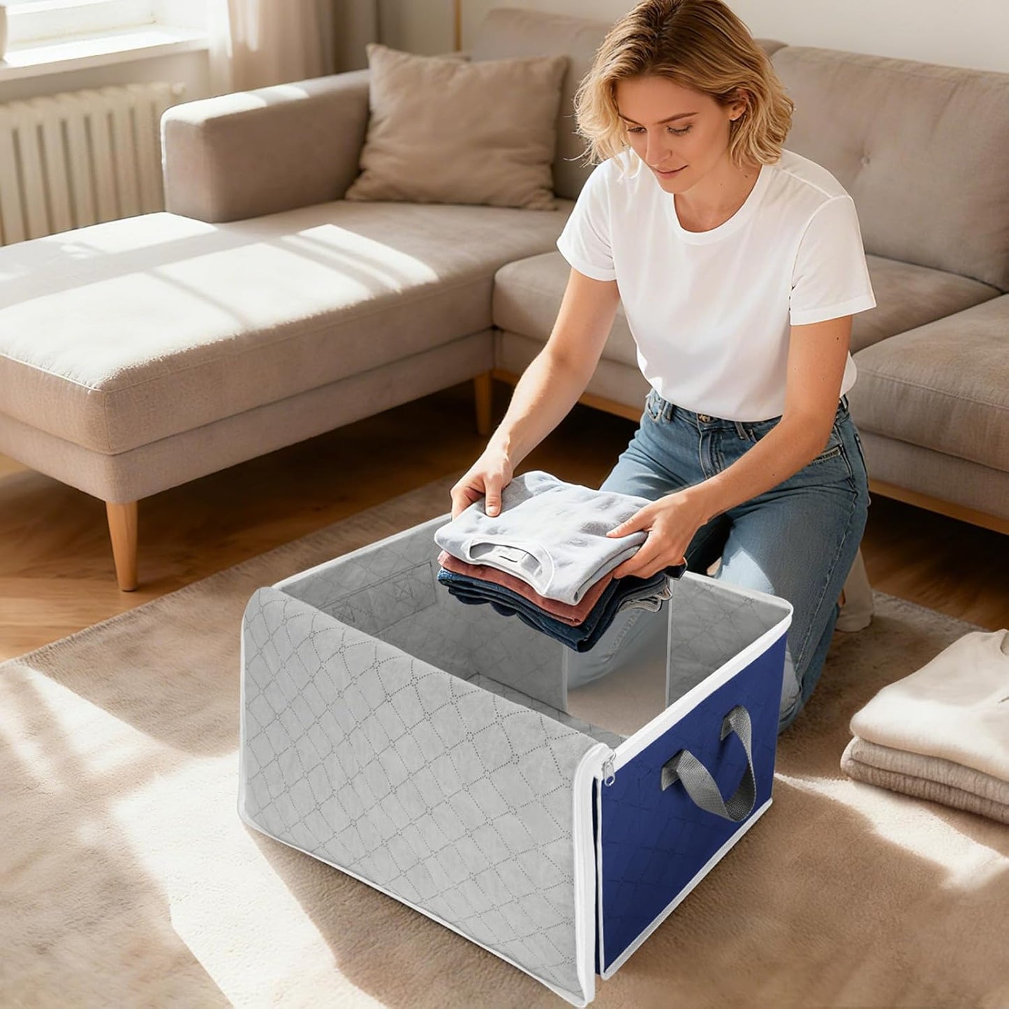 BALEINE 4 Pack Clothes Storage Bags, 16 Gallon Storage Containers with Reinforced Handle, Sturdy Zipper, Closet Organizer for Blanket, Comforter, Pillow, Bedding (Blue, 4 Pack)