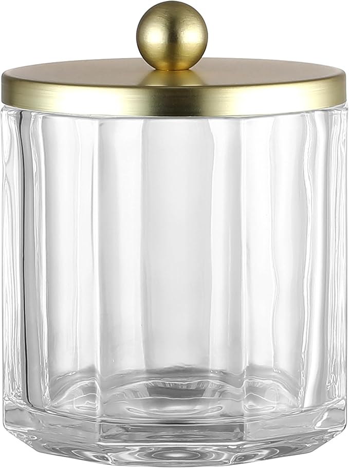 Clear Transparent Apothecary Octagional Shaped Glass Canister Jar With Gold Metal Lid Cover for Bathroom Organization, Cotton Balls, Q Tips, and Small Accessories, Bathroom Storage