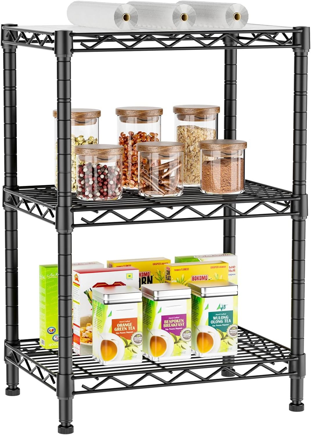 3 Tier Adjustable Storage Shelves Heavy Duty Metal Utility Shelf Wire Shelving Unit Organizer Rack for Home Kitchen Office Bathroom Pantry Room 12" D x 18" W x 30" H