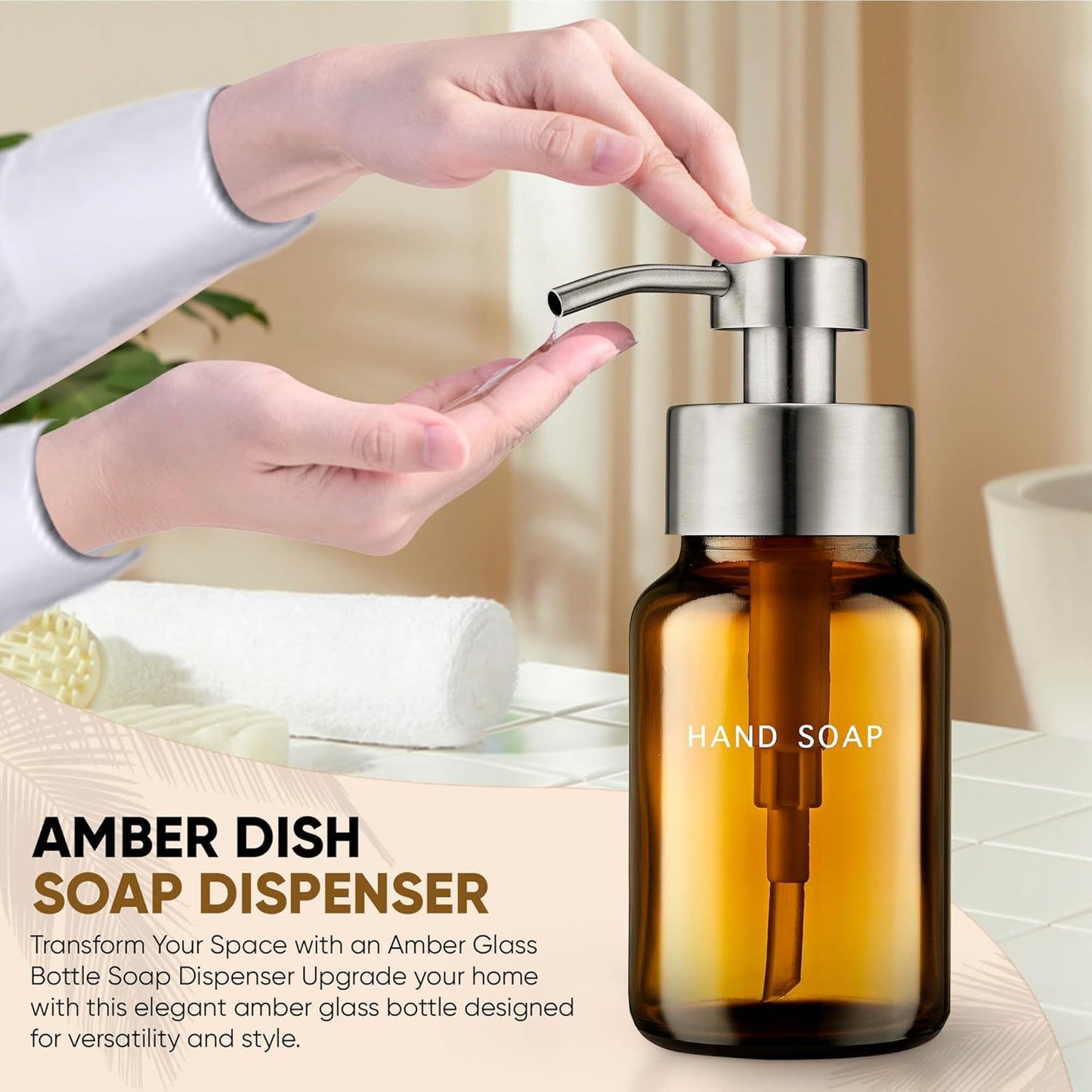 8.5oz Amber Glass Liquid Soap Dispenser - Refillable Pump Dispenser for Kitchen Sink & Bathroom Set - 2-Pack Stainless Steel - Ideal for Liquid Soap, Dish Soap & Hand Soap Essentials