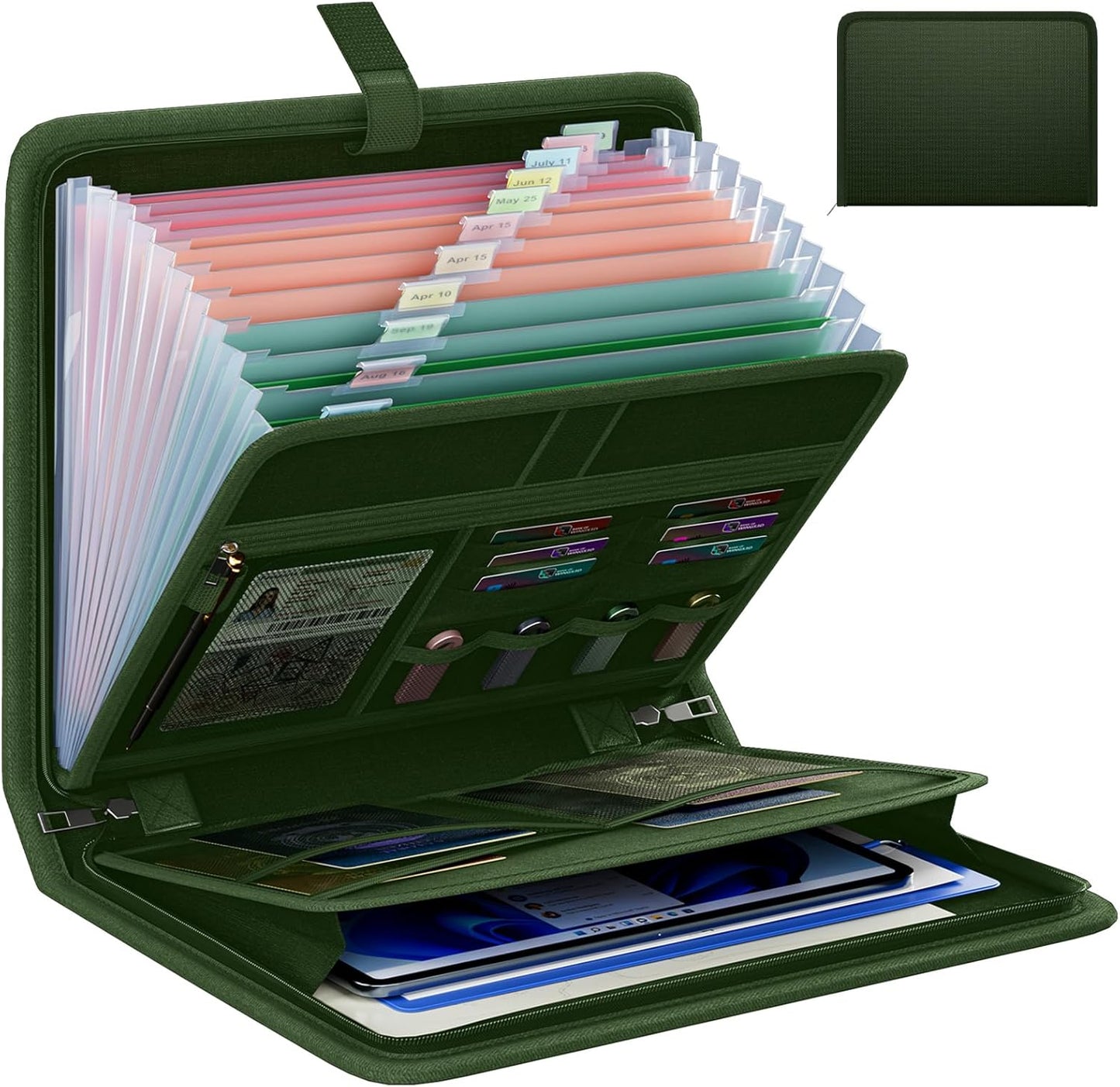 Fireproof Accordion File Organizer, Portable Expanding File Folder with Waterproof Zipper&Labels, Green Document Organizer with 13 Pockets, File Organizer for Important Document/Paper Storage