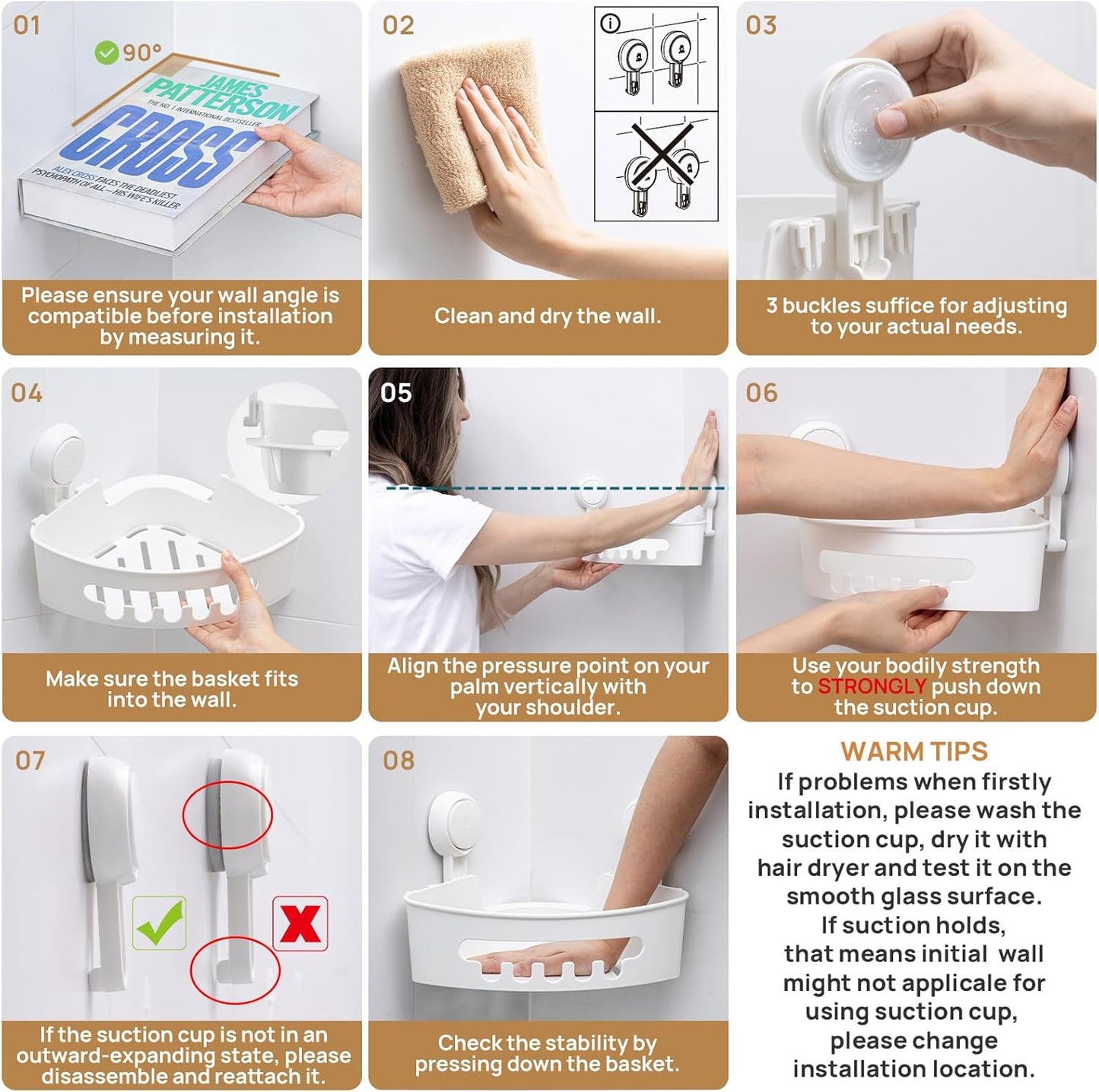 LEVERLOC Corner Shower Caddy Suction Cup, shower shelves suction cup, 2 Pack Basket Powerful Bathroom, Waterproof & Oil-proof Organizer for Kitchen, No-Drilling Removable