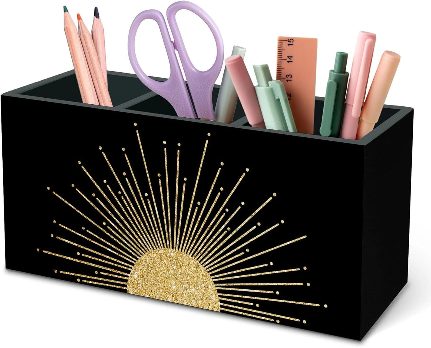 DILSJ Boho Abstract Golden Sunshine Pen Pencil Holder Organizer for Desk, Boho Office Decor, Mid Century Modern Minimalist Abstract Sunshine Wooden Box Signs for Home Office Desk Tabletop Decoration