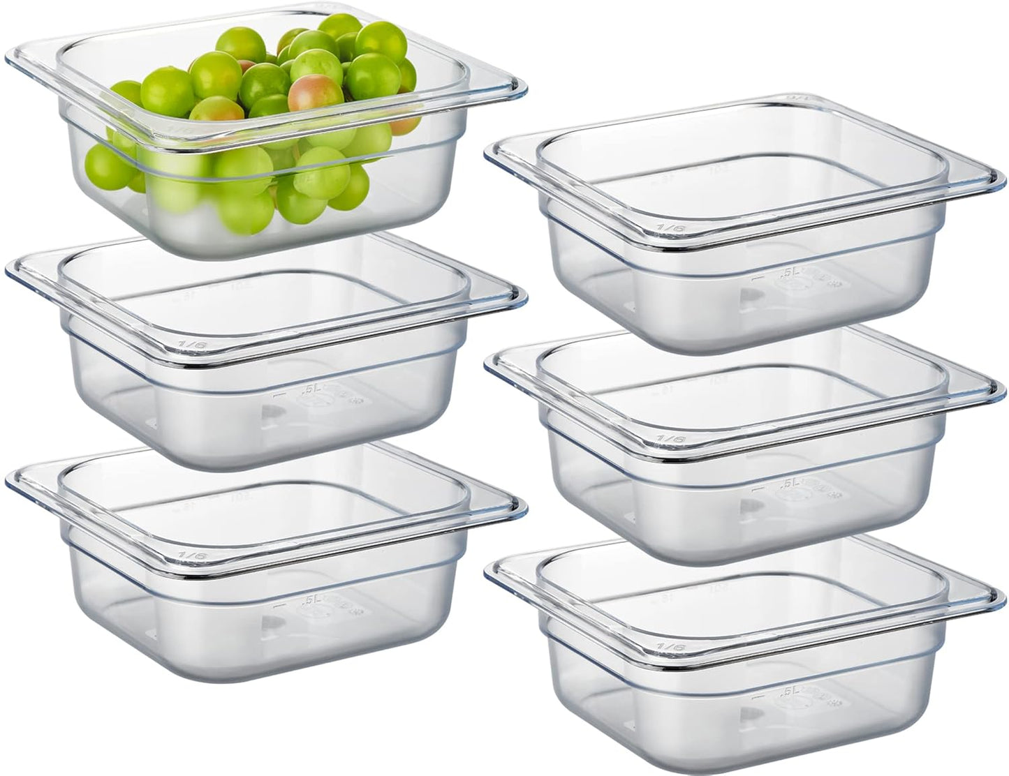CURTA 6 Pack NSF Food Pans, 1/6 Size 2 1/2 Inch Deep, Commercial Polycarbonate Plastic Clear Freezer-Safe