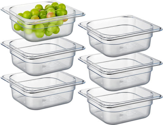 CURTA 6 Pack NSF Food Pans, 1/6 Size 2 1/2 Inch Deep, Commercial Polycarbonate Plastic Clear Freezer-Safe