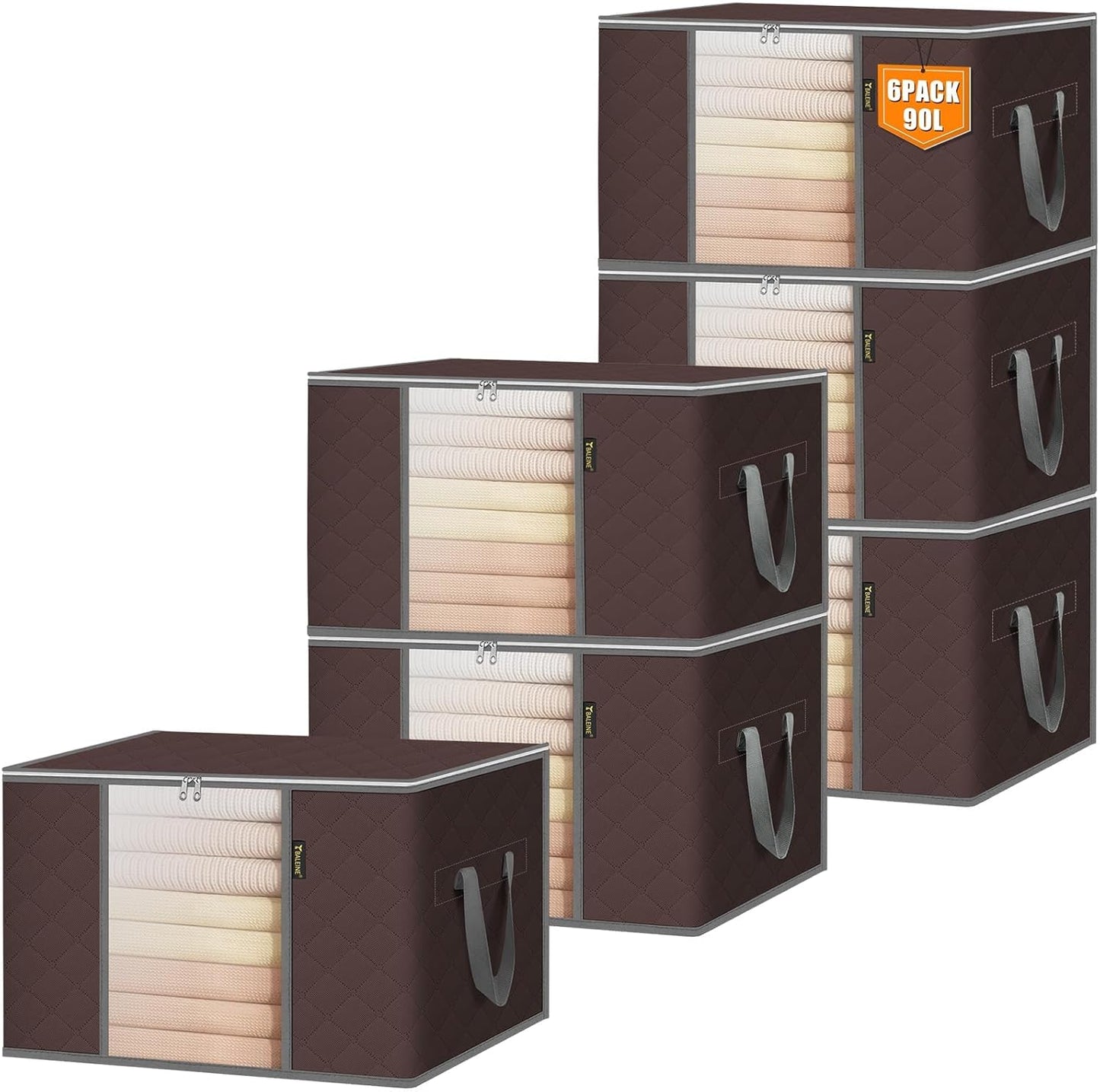 BALEINE 6 Pack Clothes Storage Bags, 24 Gallon Storage Containers with Reinforced Handle, Sturdy Zipper, Closet Organizer for Blanket, Comforter, Pillow, Bedding (Brown, 6 Pack)
