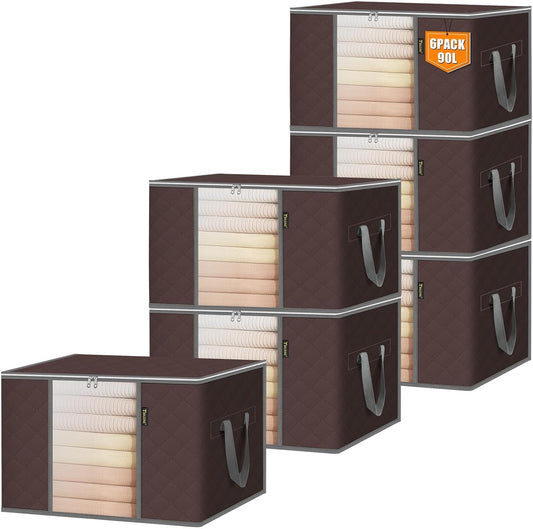 BALEINE 6 Pack Clothes Storage Bags, 24 Gallon Storage Containers with Reinforced Handle, Sturdy Zipper, Closet Organizer for Blanket, Comforter, Pillow, Bedding (Brown, 6 Pack)