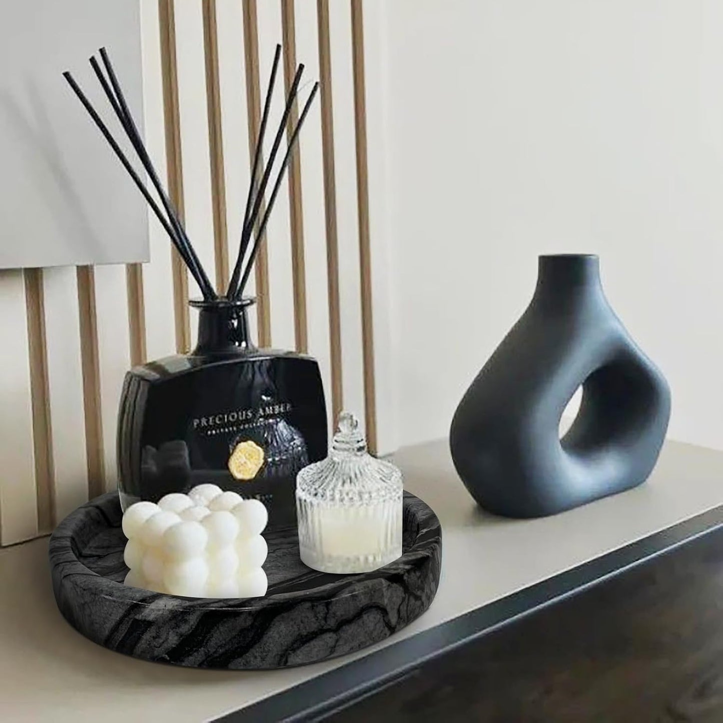 Travertine Tray, Small Ceramic Vanity Tray for Bathroom Counter Decor, Round Marble Decorative Trays for Coffee Table (Grey Black, Small Size)