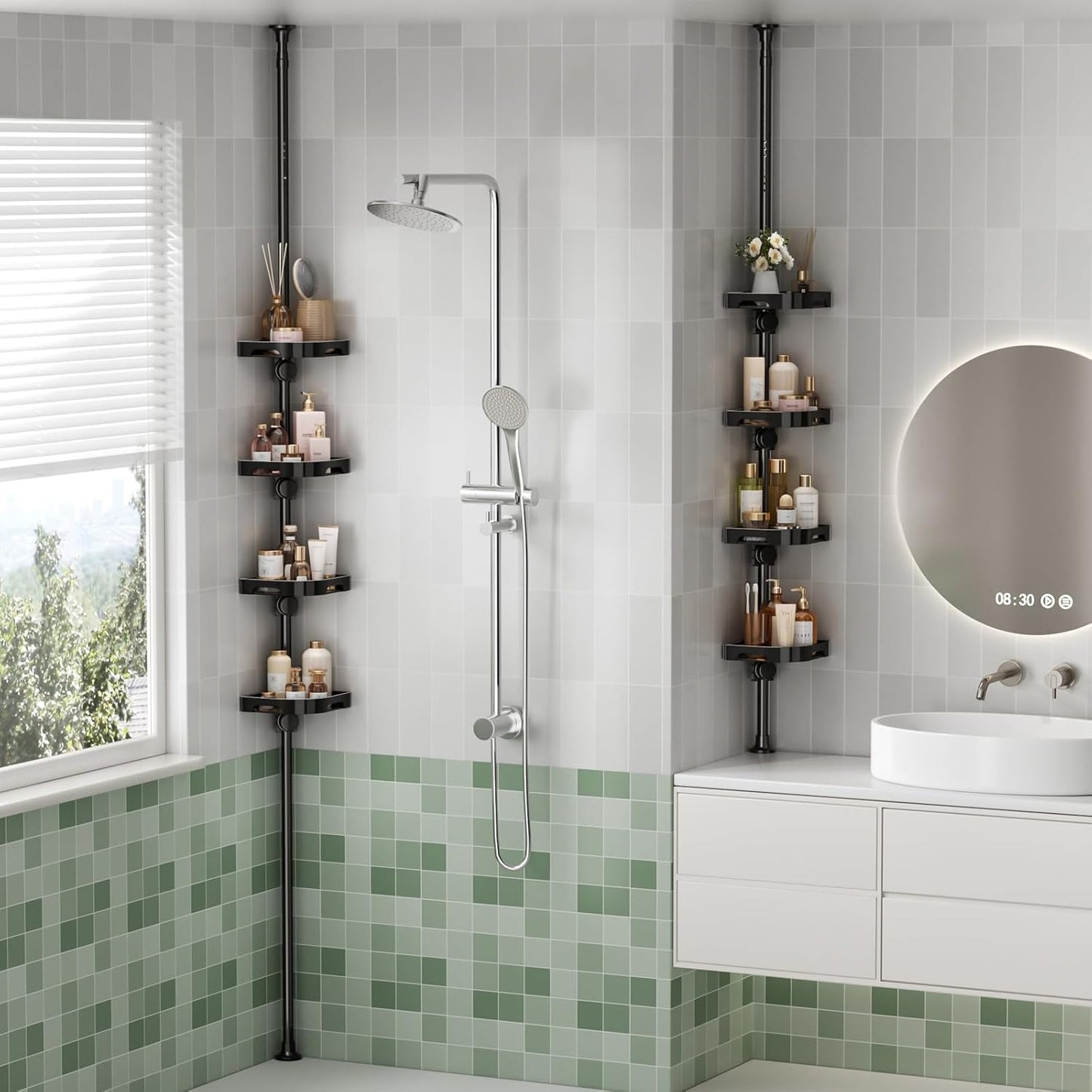 4-Tier Corner Shower Caddy Tension Pole Organizer - Adjustable Rustproof Metal Tension Pole, Plastic Shelves with Safety Guardrail, Bathroom Storage for Shower & Bathtub(Black)