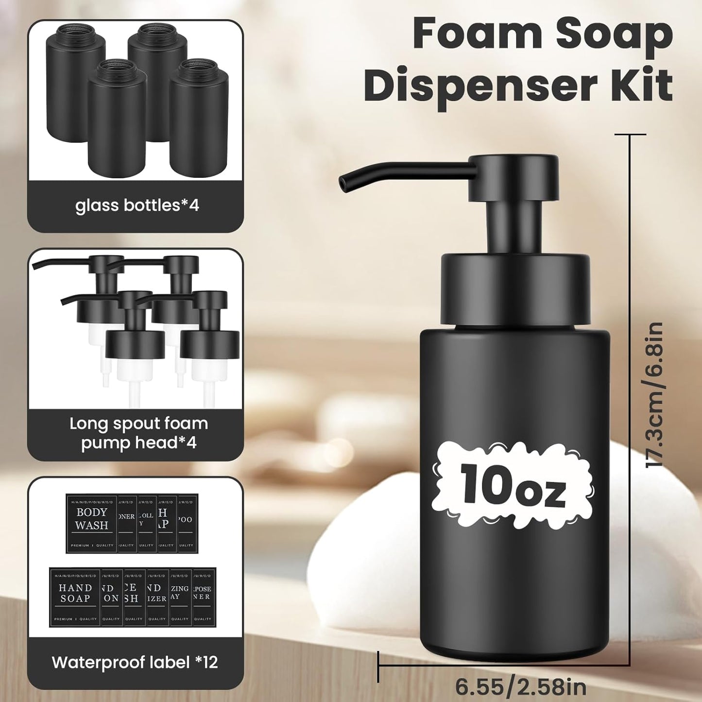 4 Pack 10 OZ Glass Foaming Soap Dispenser for Bathroom & Kitchen Foaming Hand Soap Dispenser with Labels Dispenser for Liquid Soap,Shampoo,Body Wash,Dish Soap,Black