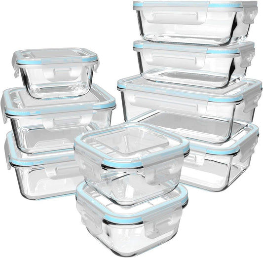 18 Piece Glass Food Storage Containers with Lids, Glass Meal Prep Containers, food storage Containers for Food Storage with Lids, BPA Free & Leak Proof (9 lids & 9 Containers)