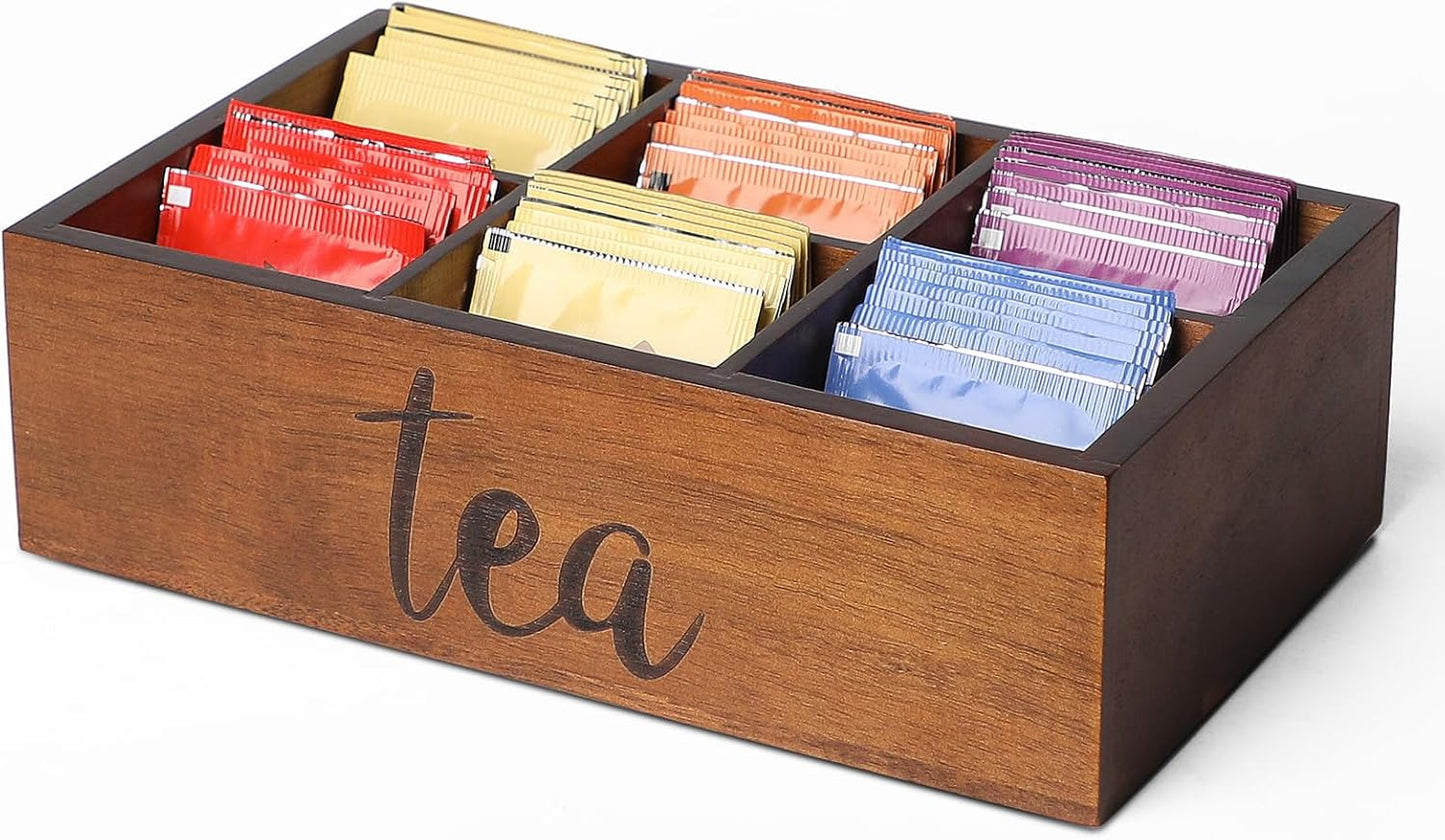 Tea Bag Organizer,Acacia Wood Tea Storage Containers with 6 Compartments, Sugar Packet Holder,Tea Bag Caddy Box for Cabinet Countertop Office (Brown-Labeled "Tea")