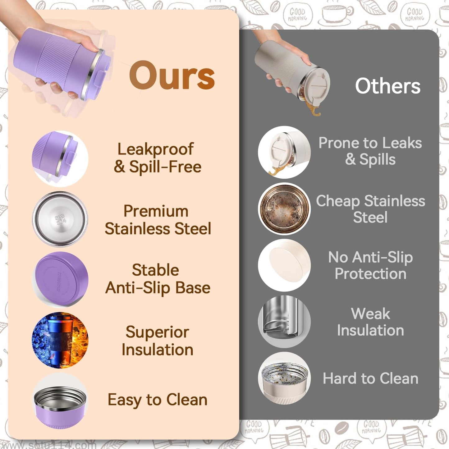 12OZ Travel Coffee Mug Insulated Coffee Cup with Spill Leak Proof Lid, Portable Stainless Steel Tumbler Reusable Hot and Cold Water Mug for Car, Daily, Camping- Purple