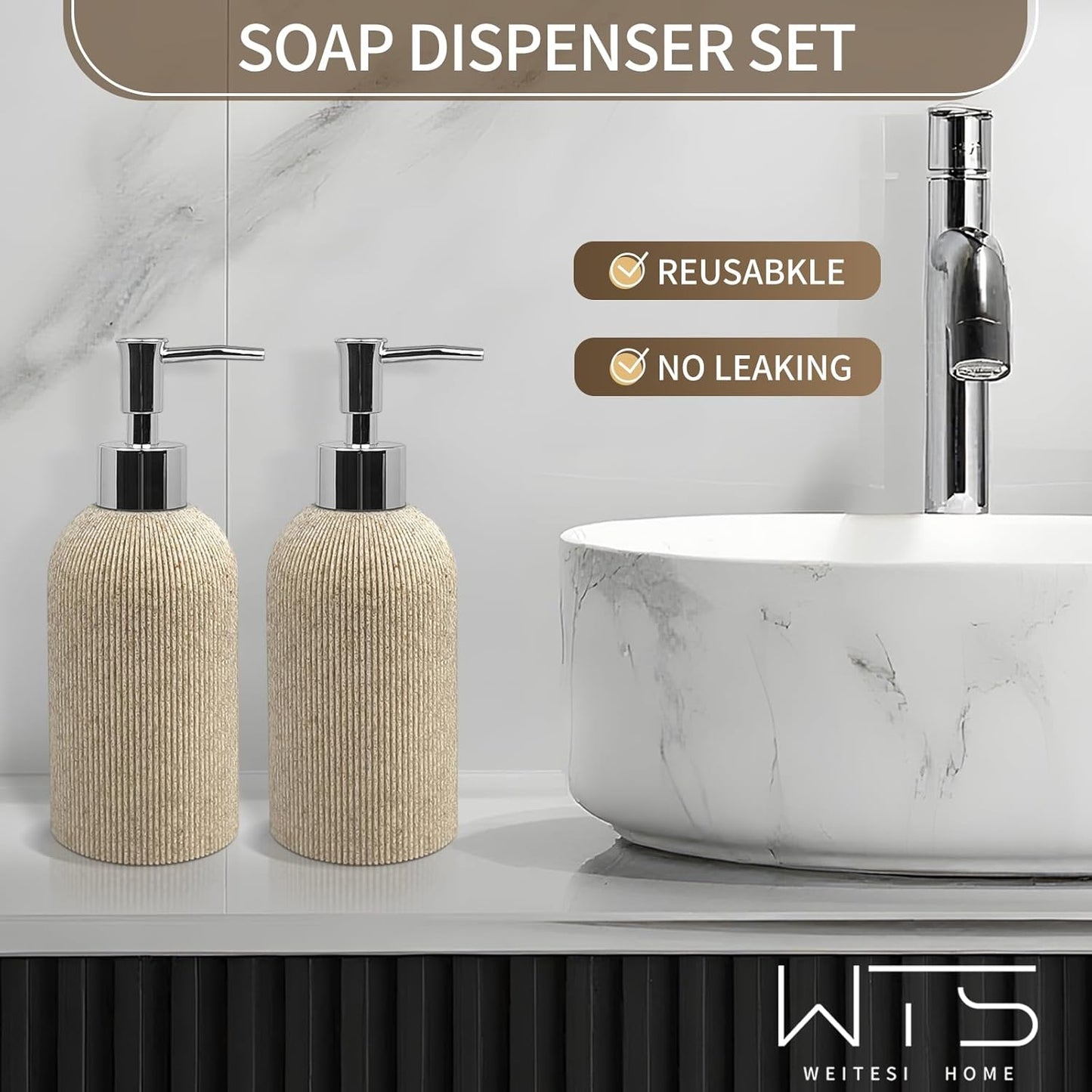 Hand Soap Dispenser for Bathroom and Kitchen Countertop, 10 oz Resin Soap and Lotion Dispensers Set with Plastic Rust Proof Pump, Boho Refillable Liquid Dish Soap Dispensers Bottle,Beige