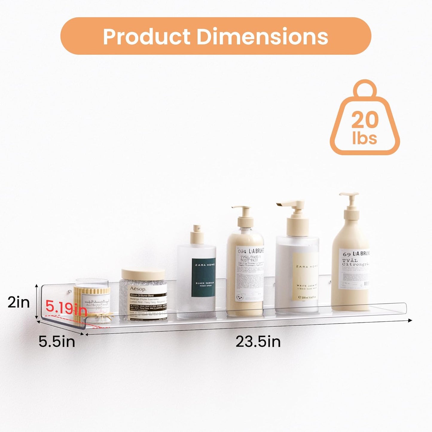 upsimples 2 Pack 23.6x5.5 Inches Acrylic Shelves for Wall Storage, Floating Bookshelves for Kids, Display Shelf Organizer for Bathroom, Bedroom, Living Room, Kitchen, Clear