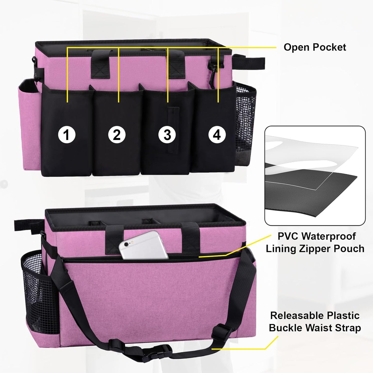 Wearable Large Cleaning Caddy Bag for Housekeeper, Clean Supply Organizer with Adjustable Shoulder, Waist & Handle Straps, Detailing Bag for Kitchen Supplies (Pink)