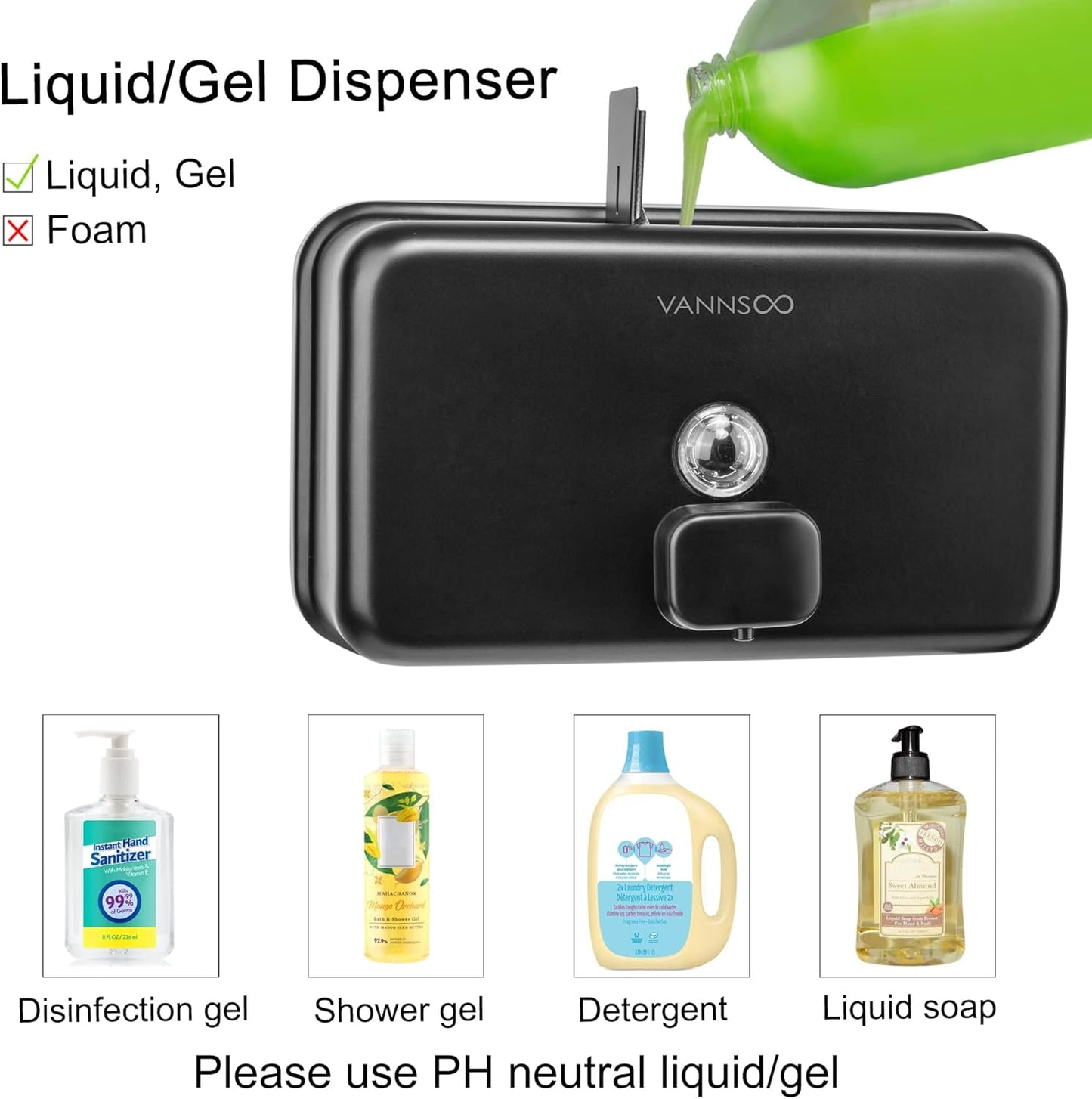 Wall Mounted Hand Soap Dispenser Bathroom, 1200ml 40oz Commercial Stainless Steel Black Liquid Soap Dispenser Wall Mount (Horizontal Black)