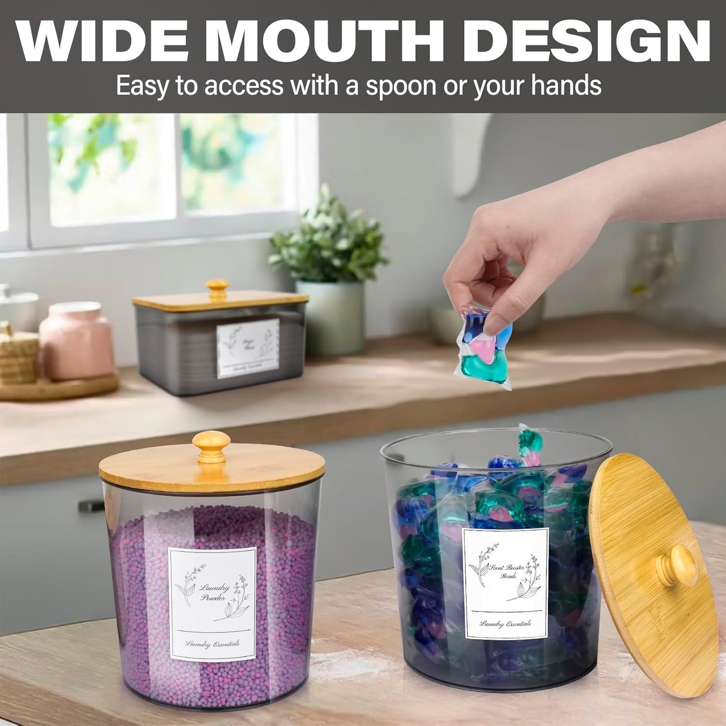 3 Pack Plastic Laundry Powder Container & Dryer Sheet Holder with Lids, Labels & Scoops - Laundry Detergent Organizer and Storage Jars for Pods,Beads, Soap, Scent Booster (Clear Grey)