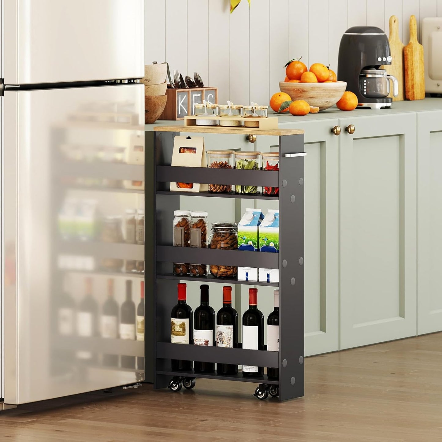 Small Kitchen Cart, 4-Tier Slim Rolling Island w/Handle, Laundry Room Storage Organizers Between Washer and Dryer, Narrow Spice Rack on Wheels Next to Fridge (Gray, 5'')