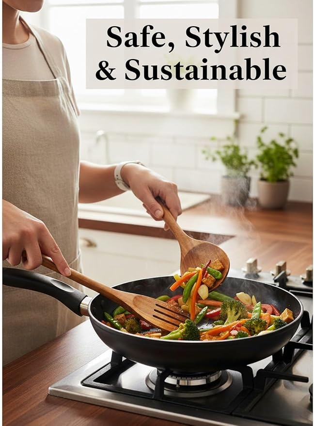 100% Natural Teak Wood Wooden Utensil Set – 10 Pcs Durable Kitchen Spoons for Cooking – Non-Stick & Heat Resistant, Eco-Friendly & Comfortable Grip