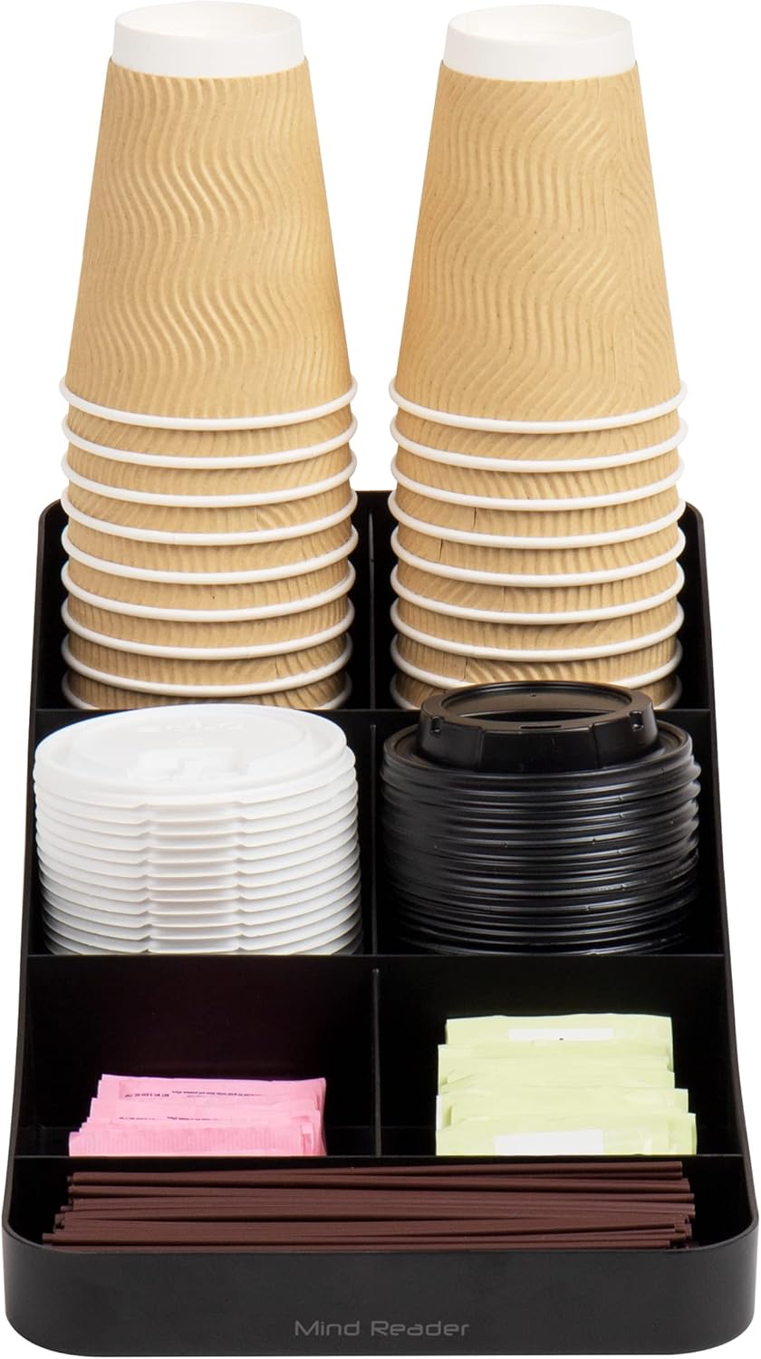 Mind Reader Cup and Condiment Station, Countertop Organizer, Coffee Bar, Kitchen, Stirrers, 7.25" L x 15.5" W x 5.25" H, Black (Pack of 4)