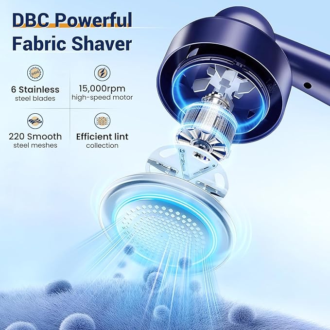 DBC Fabric Shaver and Lint Remover, Sweater Shaver with 3-Speeds and 6-Leaf Blades, 2hours runtime, 2 Replaceable Blades, Battery Operated, Remove Pilling, Furniture, Fuzz, Lint Ball - Blue