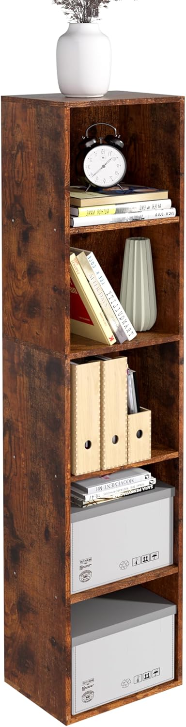 Wooden 5 Cube Storage Organizer, 5 Tier Storage Cubes Storage Display Cubby, 52 Inch Tall Versatile Cubes Shelf and Cubby Organizer for Any Space (Retro Brown, 5 Cube-W(11.8inch)