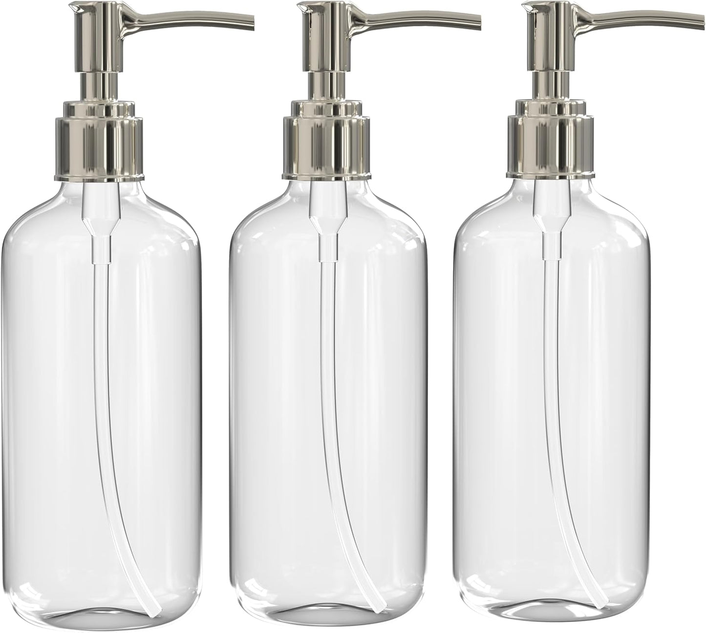 Clear Plastic Soap Dispenser Pump Bottles – 3 Pack, 16 Oz – Refillable Hand Soap Dispensers for Bathroom or Kitchen, BPA-Free Boston Round Pump Bottles for Liquid Soap, Dish Soap, Lotion