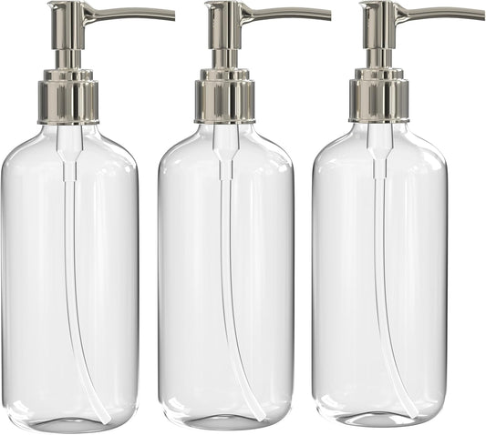 Clear Plastic Soap Dispenser Pump Bottles – 3 Pack, 16 Oz – Refillable Hand Soap Dispensers for Bathroom or Kitchen, BPA-Free Boston Round Pump Bottles for Liquid Soap, Dish Soap, Lotion