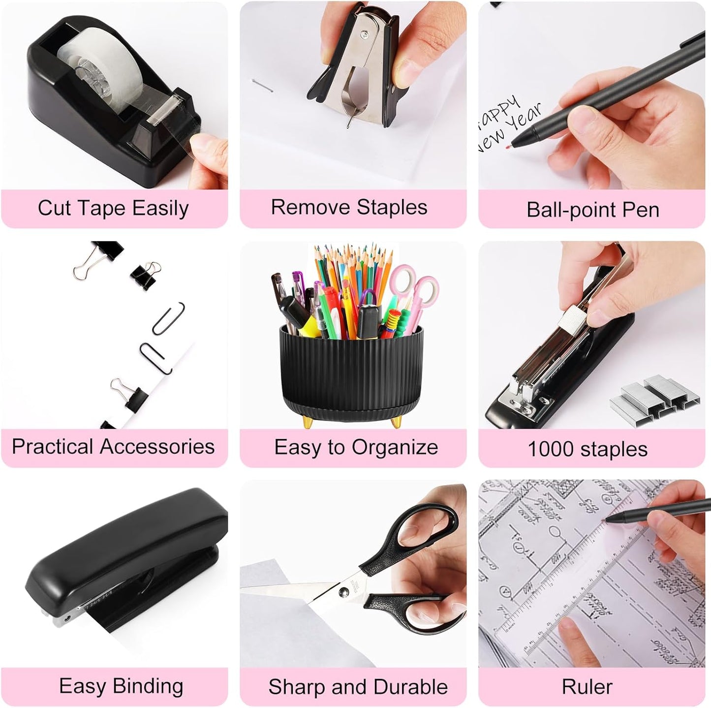 Desk Organizers and Accessories Set with 360-Degree Rotating Pen Holder, Tape Dispenser, Stapler, Staple Remover, 1000 Staples, Tape, Clips Set, Ruler, Scissor, Pen