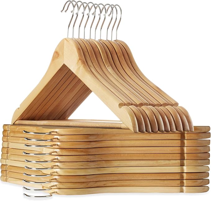 Casafield - 20 Natural Wooden Suit Hangers - Premium Lotus Wood with Notches & Chrome Swivel Hook for Dress Clothes, Coats, Jackets, Pants, Shirts, Skirts