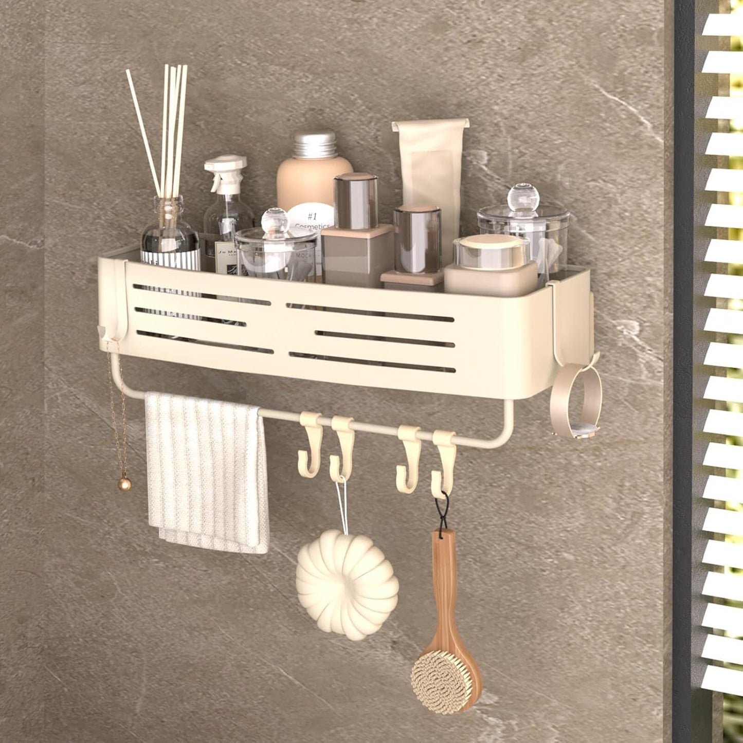 Onemake Aluminum Shower Caddy Suction Cup, No Drilling Bathroom Shower Shelf, Corner Shower Caddy with 6 Portable Hooks, Removable Bath Organizer with Towel Bar for Bathroom Storage(Cream White)