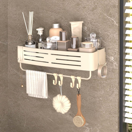 Onemake Aluminum Shower Caddy Suction Cup, No Drilling Bathroom Shower Shelf, Corner Shower Caddy with 6 Portable Hooks, Removable Bath Organizer with Towel Bar for Bathroom Storage(Cream White)