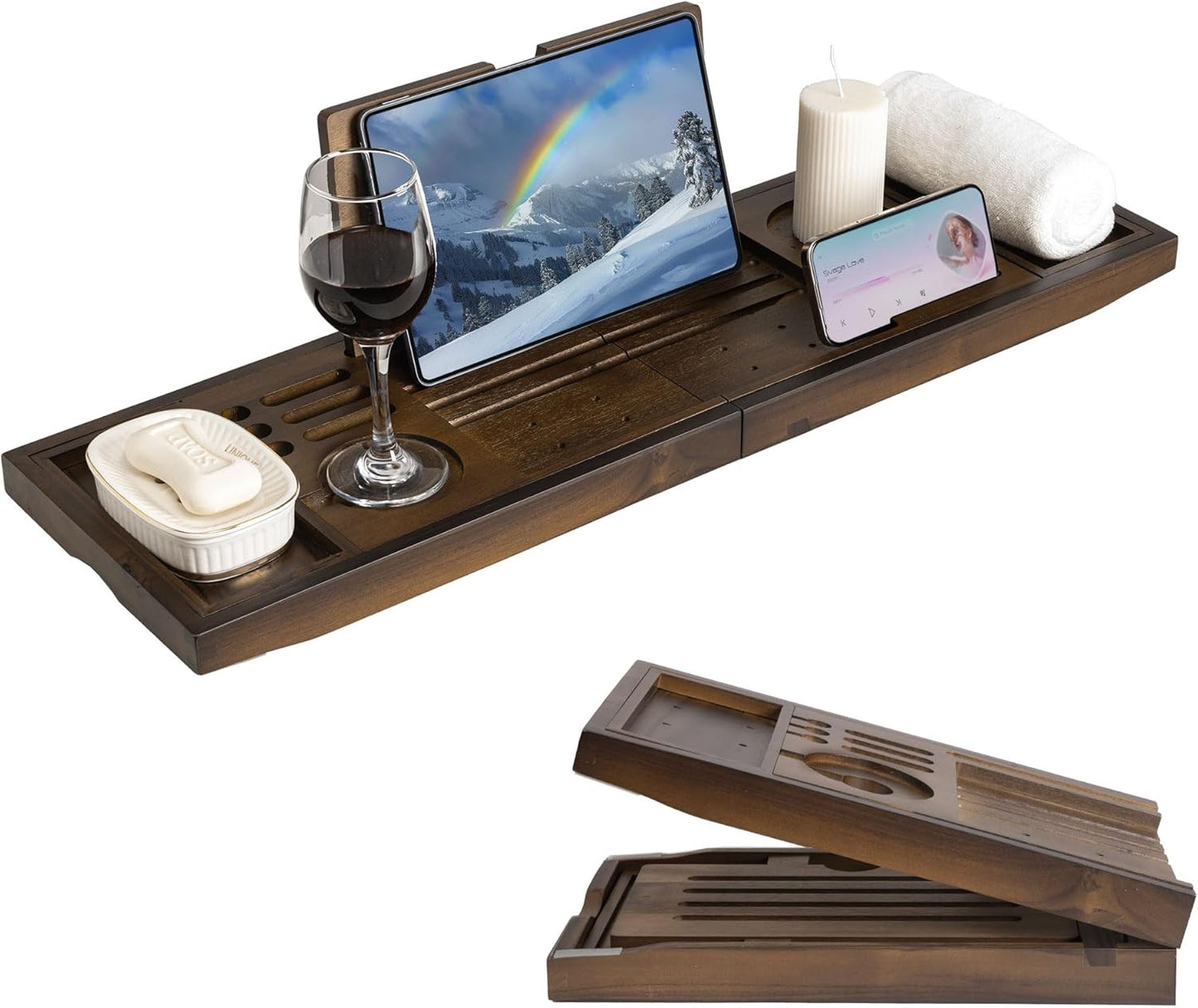 Wood Bathtub Tray Table - Foldable Bath Tray for Tub with Expandable Handles, Wine Glass & Phone Holder, Book Stand - Enhance Home Spa Experience with Natural TeakMaterial, Walnut