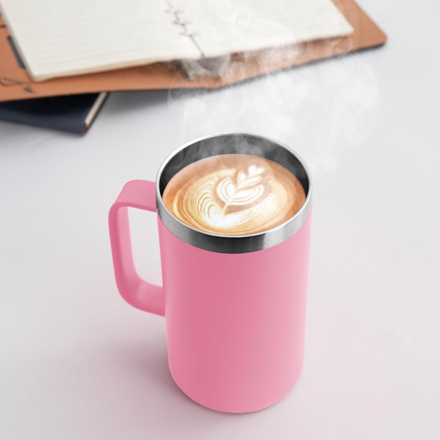 DOMICARE 24oz Mug with Handle and Lid, Stainless Steel Coffee Mug, Travel Mug with Handle, Double Wall Vacuum Coffee Tumbler, Reusable Insulated Cup, Pink, Pack 8