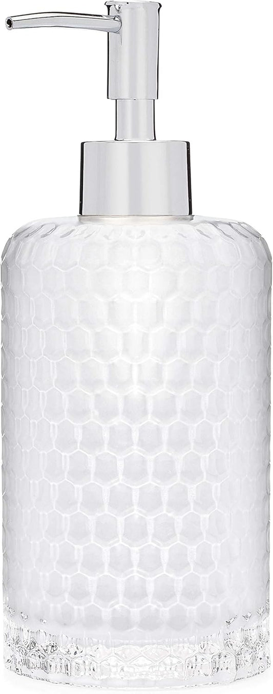 Rail19 Frosted Milk + Honey Glass Soap Dispenser | Vintage-Inspired Modern Refillable Soap & Lotion Pump Bottle for Bathroom Vanity Countertop and Kitchen, 12oz (Chrome Rustic)