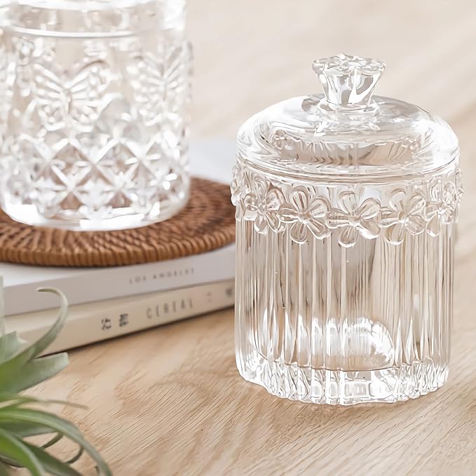 2 Pack Qtip Holder Glass Apothecary Jars with Lids Bathroom Accessories Vanity Organizers and Makeup Storage Canister for Cotton Swabs, Balls, Pads, Floss Picks, Candy, Clear