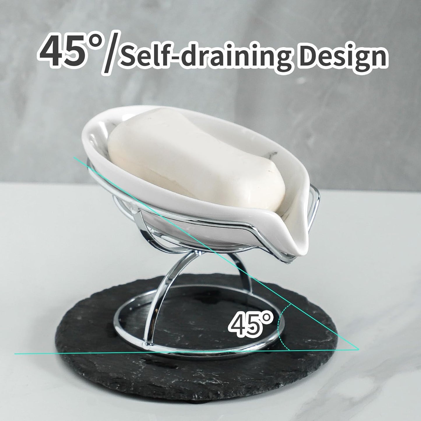 Leaf-Shaped Soap Dish – Premium Ceramic Soap Bar Holder with Self-Drainage System – Bar Soap Holder for Shower, Bathroom Sink, Kitchen – Waterfall Soap Dish with Stainless Steel Stand (SLIVER)