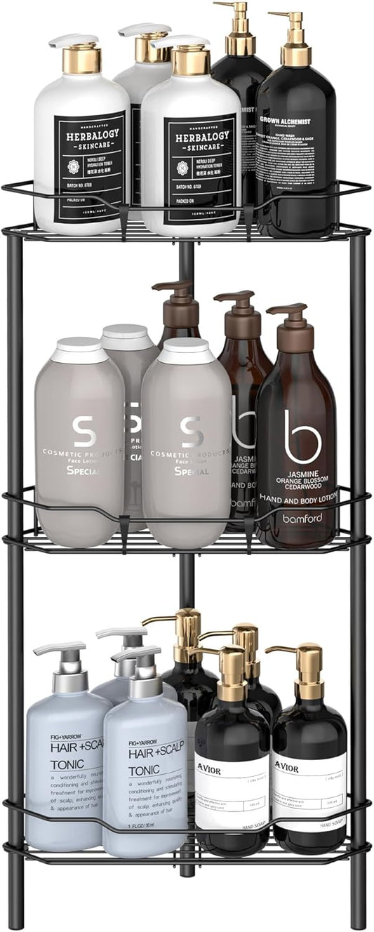 3 Tier Floor Standing Corner Shower Caddy Organizer Shelf with Hooks, Bathroom Shelves Stand Rack, Matt Black