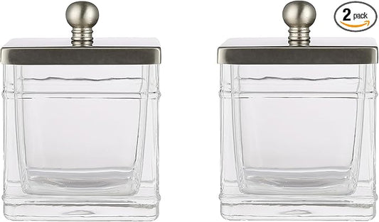Glass Cotton Jar Holder 2 Pack– Satin Nickel Lid, Elegant Bathroom Storage Canister for Qtips, Cotton Balls, Floss, Makeup Organizer, Vanity & Bathroom Organization