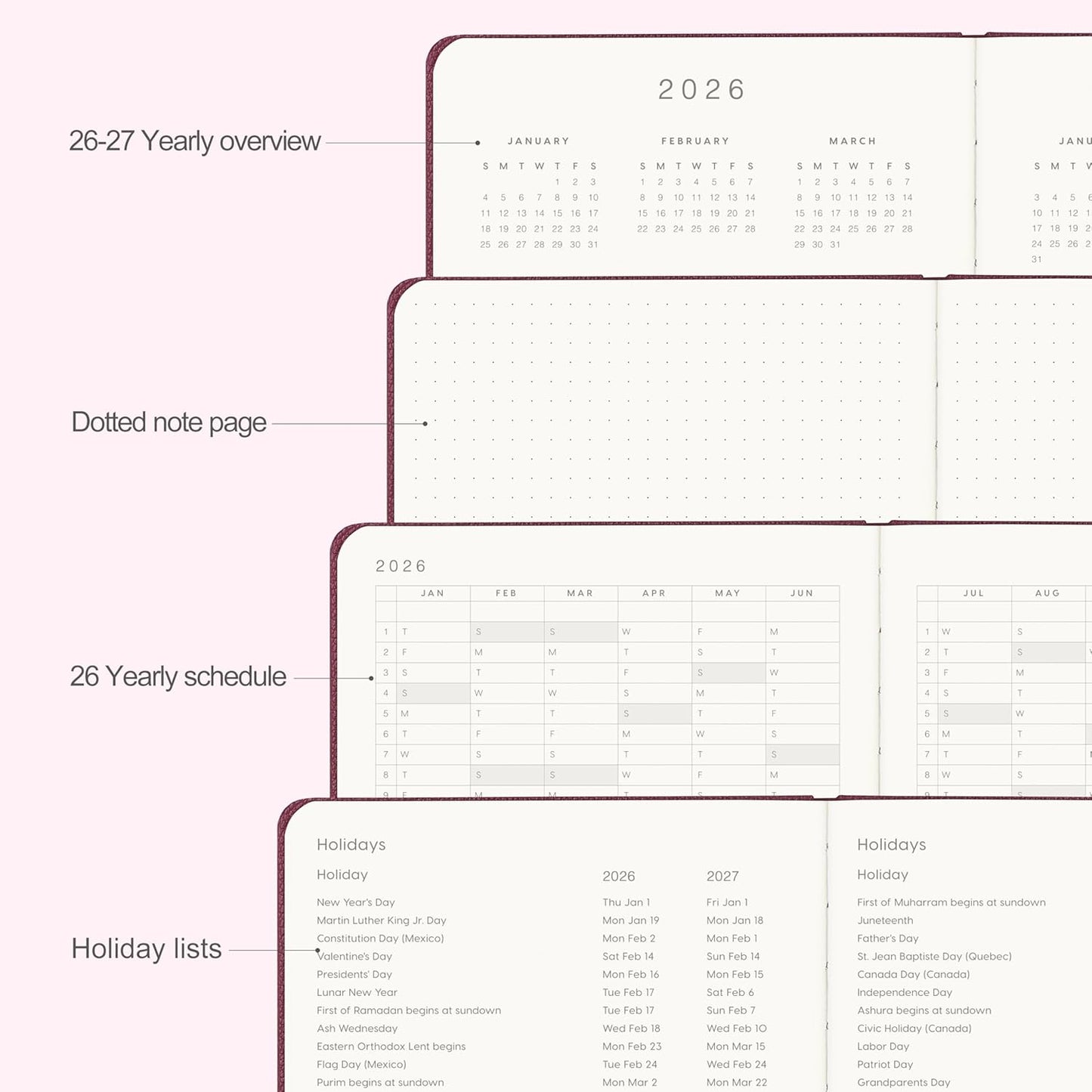 And Per Se 2026 Planner-Daily, Weekly & Monthly Leather Hardcover Planner, 5.7" x 8", Daily Schedule, Monthly Tabs, 100 GSM Thick Paper, Back Pocket(Dark Red)