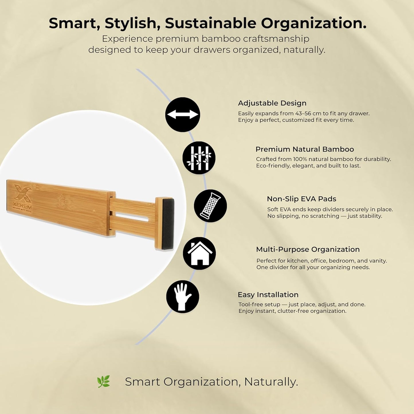 Adjustable Bamboo Drawer Dividers 6-Pack, 17-22 Inch Deep Expandable Drawer Organizer Set, Sustainable Spring-Loaded Bamboo Inserts for Kitchen, Bedroom, and Office Organization