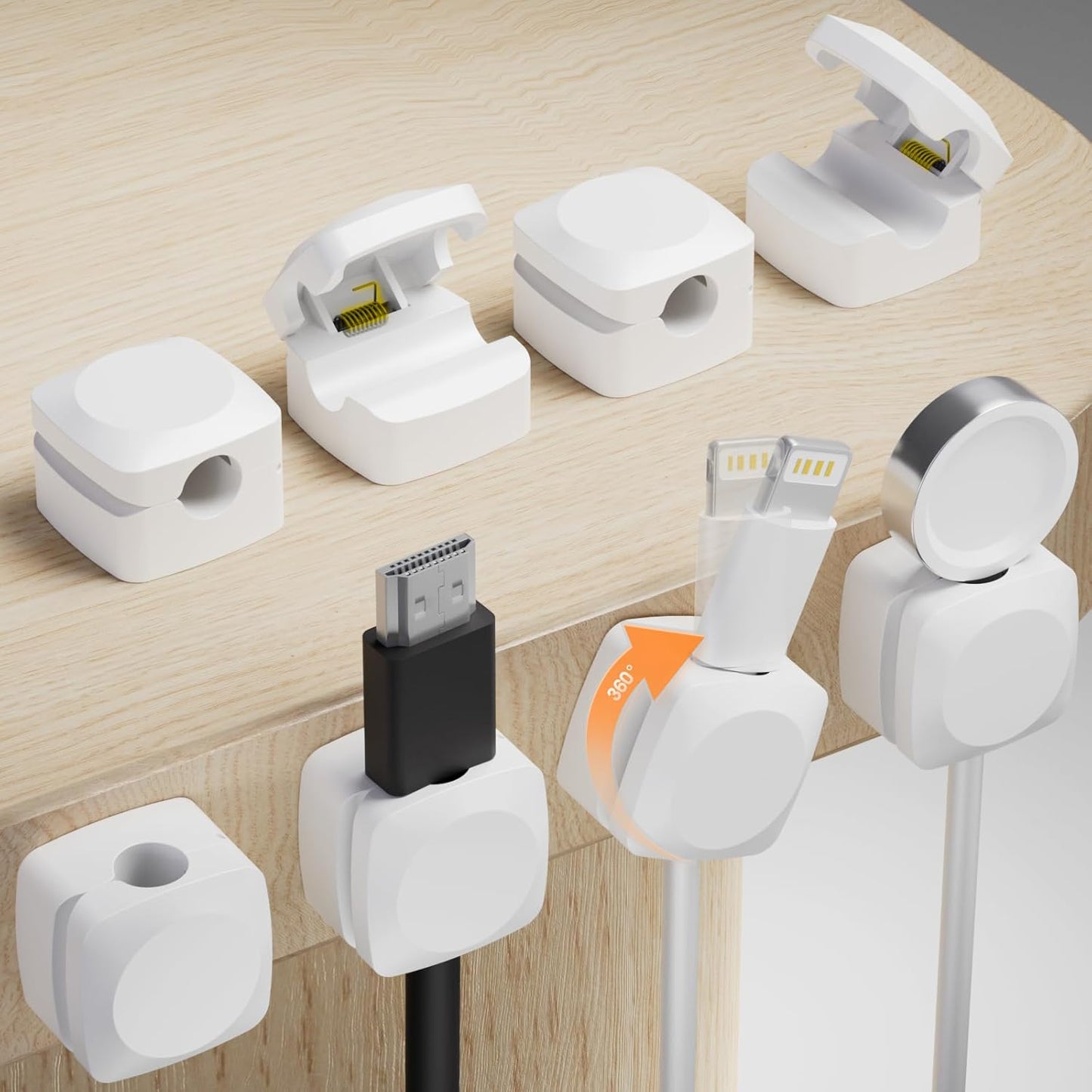8 Pack Cord Organizer Holder, Rotatable Cable Clips, Spring Cord Holder for Nightstand Adhesive Cable Organizer, Cable Management Clips Charging Cord Organizer for Desk Office Car Wall