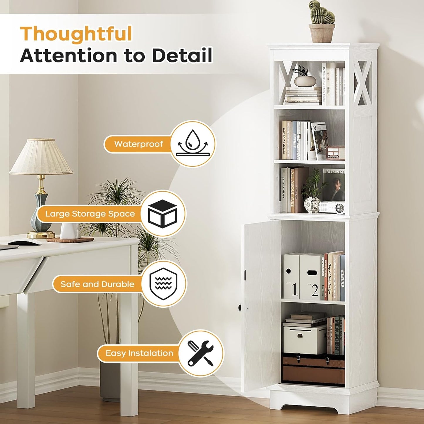 Tall Bathroom Storage Cabinet with Door and Open Adjustable Shelves, 60.9" H Wooden Tower Corner Narrow Farmhouse Cabinet, Freestanding Organizer for Kitchen, Entryway White