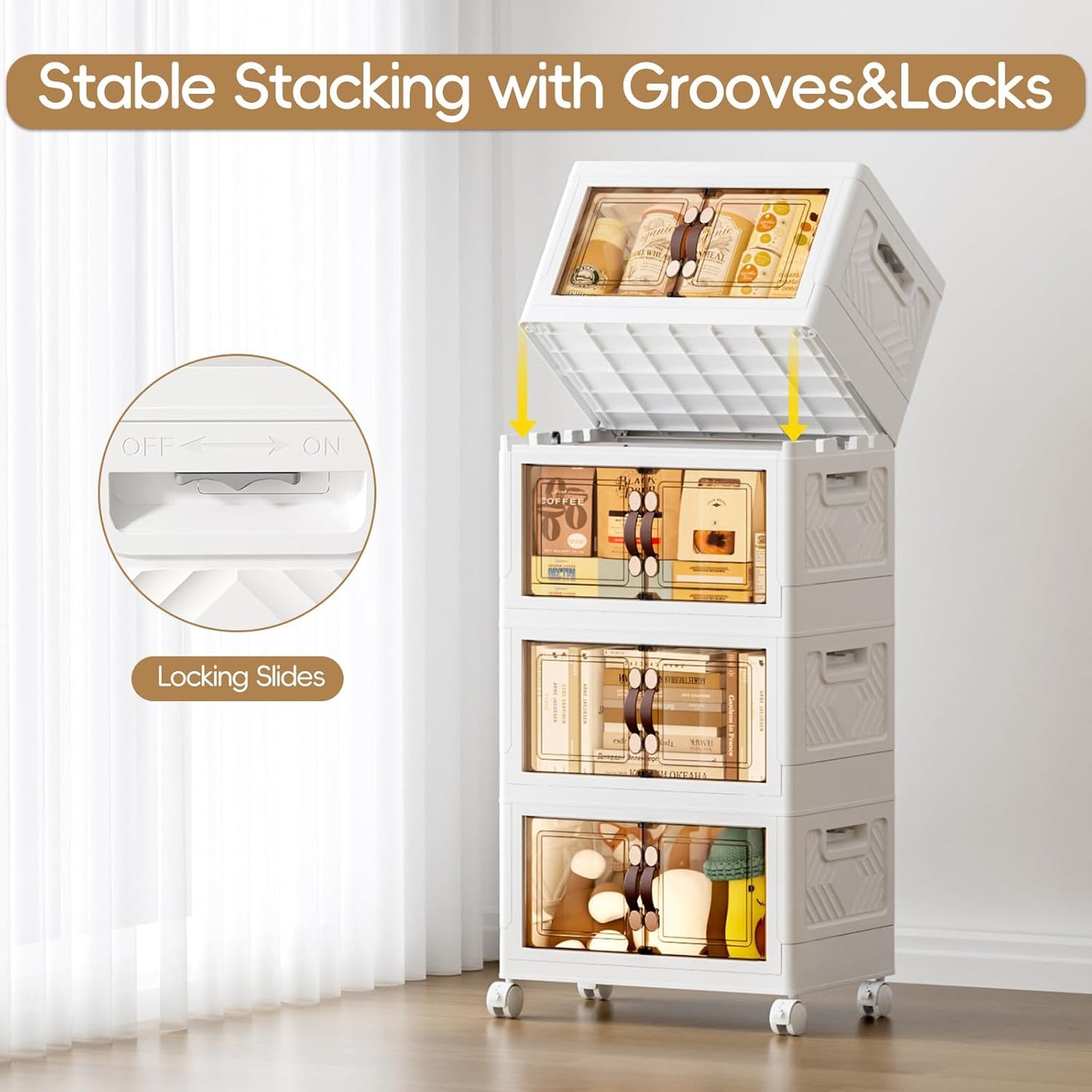 JEKO&JEKO 139Qt Stackable Storage Bins with Lids and Wheels, Foldable Collapsible Plastic Boxes for Clothes, Home, White, 4 Pack